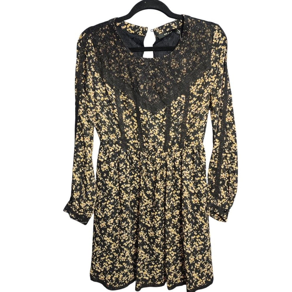 Ark & Co Women Cottagecore‎ Black Floral Lace Dress Long Sleeve Mini, Size M